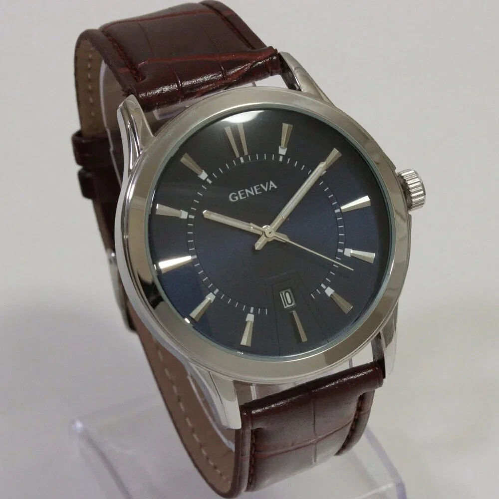 Geneva Men's Dress Watch Silver Tone Navy Blue Dial Brown Strap 42mm